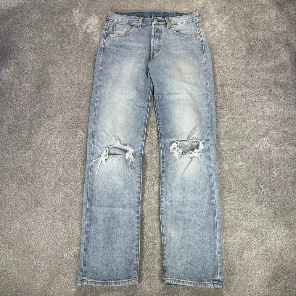 Levis 501 Jeans Men 29x32 Higher Mountain Light Blue Denim DIstressed Button Fly